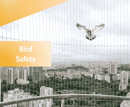 Bird safety features in invisible grill for balcony and window protection