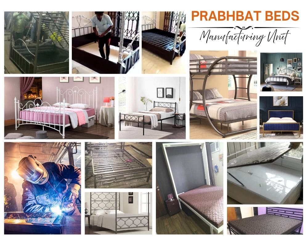 Prabhat Beds factory Mumbai showing iron bed manufacturing process