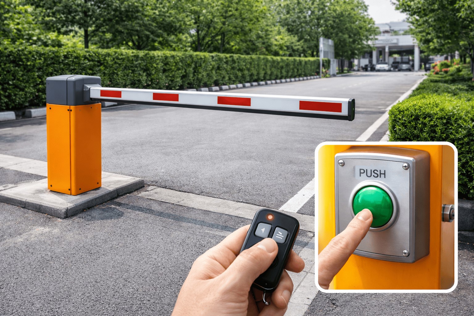 Automatic boom barrier with remote control and push button for vehicle entry exit control