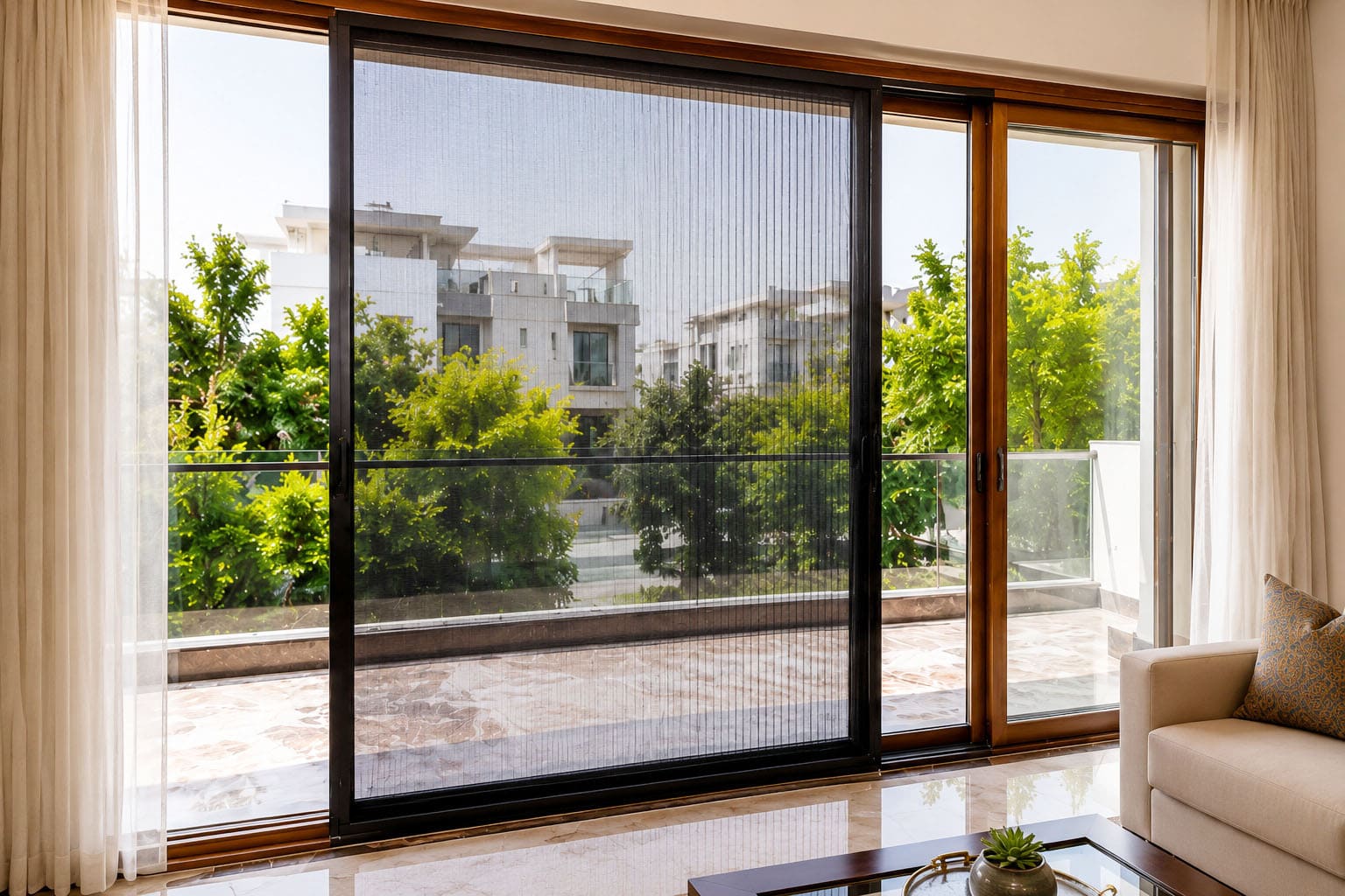 Sliding mosquito net system for window with smooth aluminium frame and fine mesh