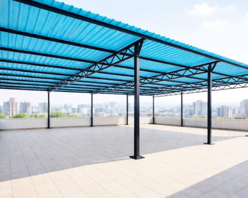 Color-coated sheet terrace shed installed on commercial rooftop in Mumbai