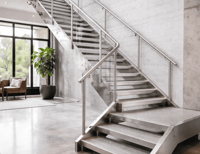 Industrial stainless steel staircase with heavy-duty design
