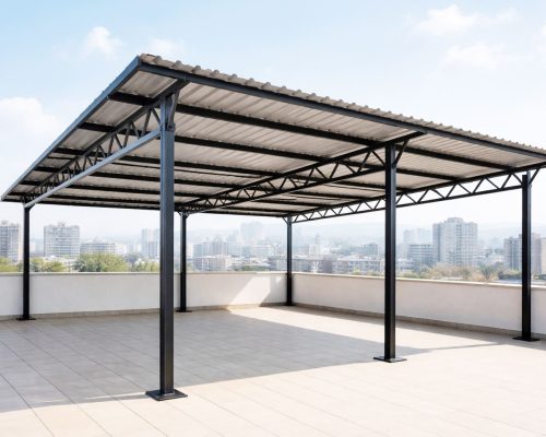 MS mild steel terrace shed structure on commercial rooftop in Mumbai