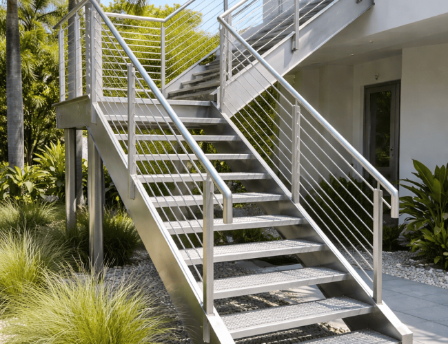 Outdoor stainless steel staircase with weather-resistant finish