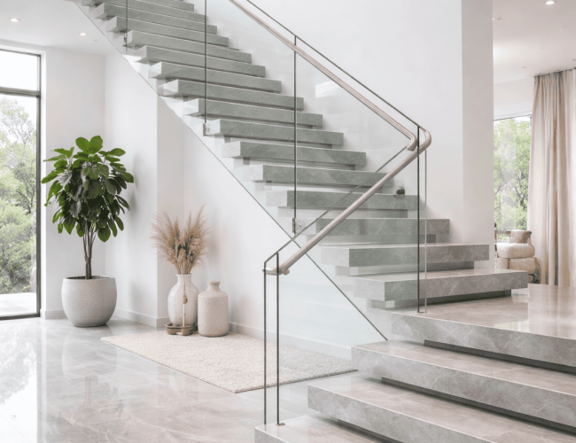 Stainless steel staircase with glass railing