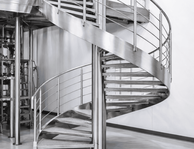 Spiral stainless steel staircase with circular design